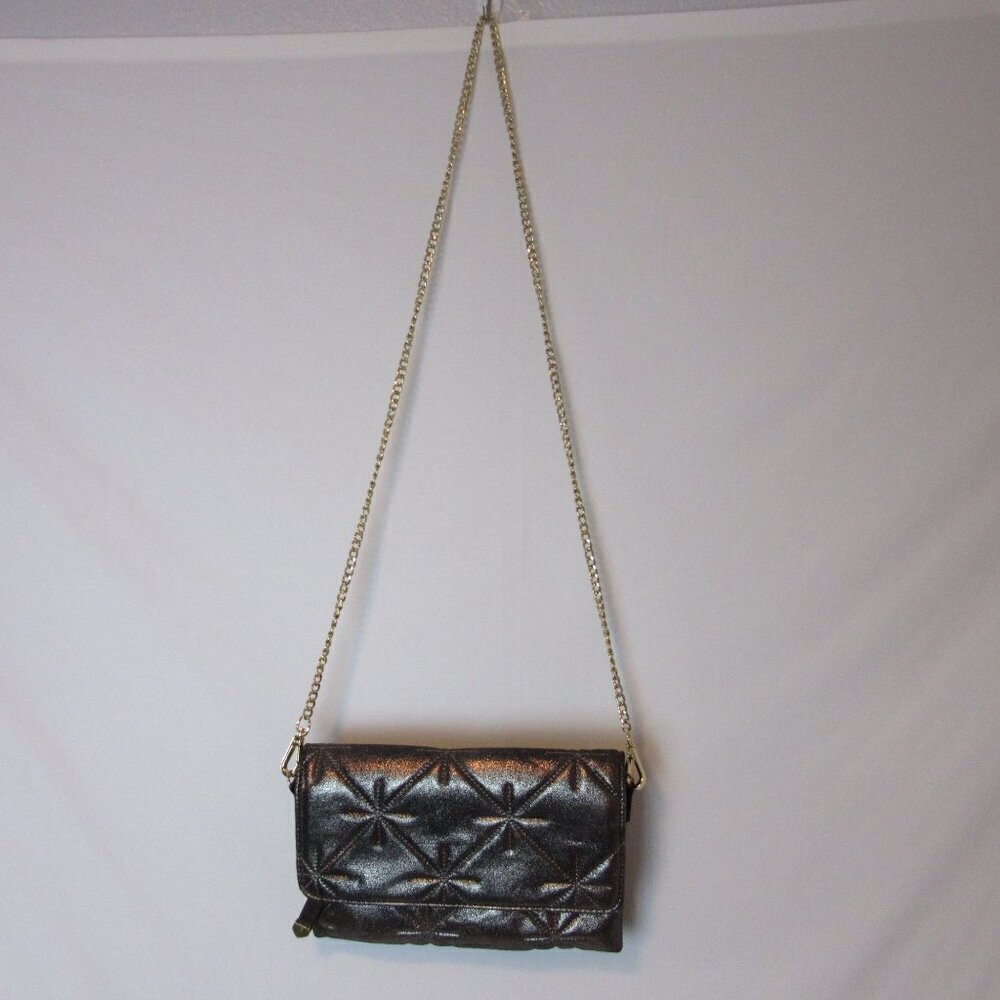 Neiman Marcus Purse Silver Metallic Quilted Crossbody Gold Chain Formal Bag
